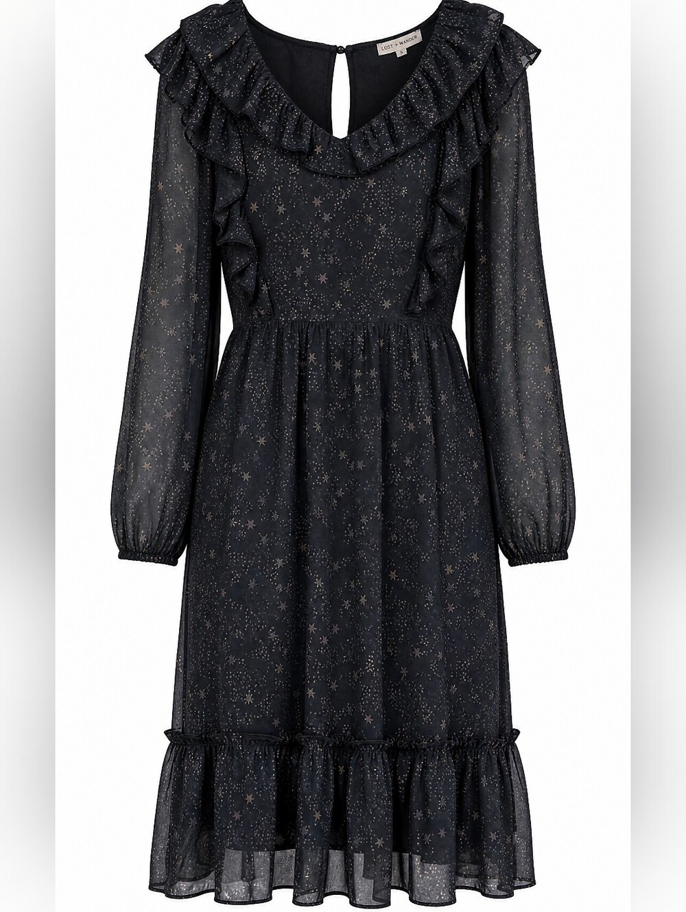 Moon River Black Star Print Ruffle Midi Dress S Tiered Fairycore Whimsigoth